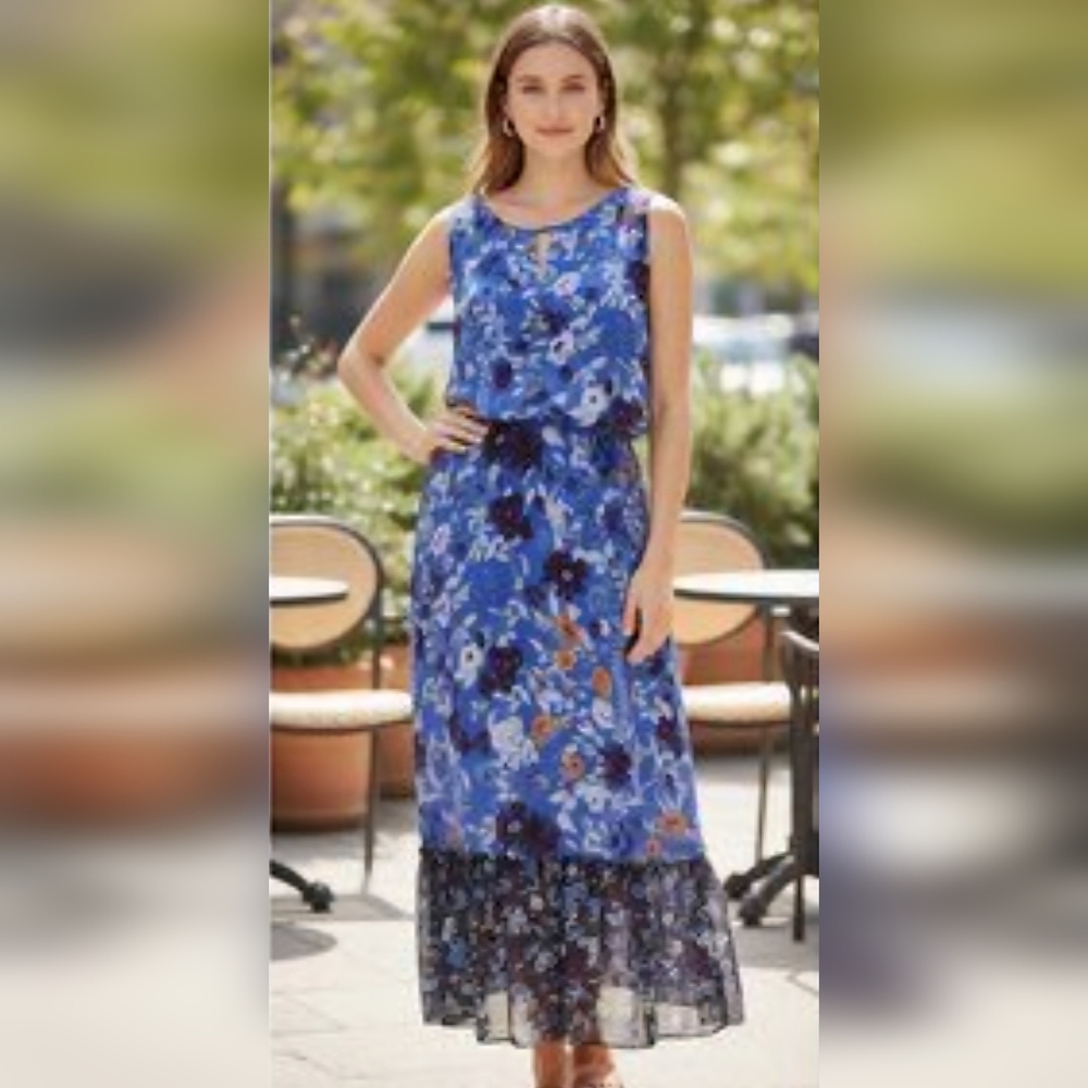 Chico's Chiffon Floral Ruffle Peasant Prairie Ruffled Mix P Garden Maxi Dress